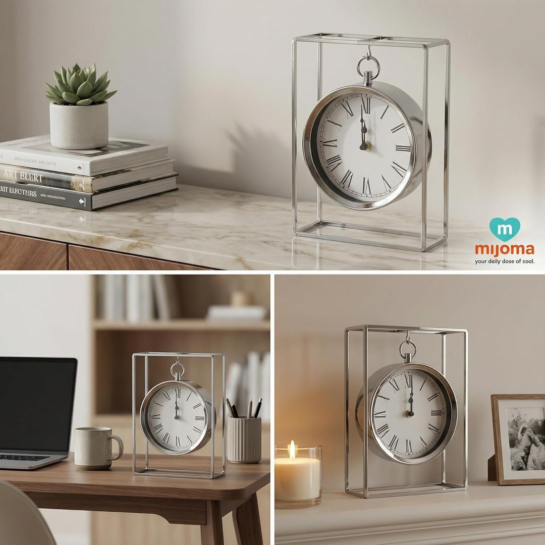 MIJOMA Tischuhr Hängemodell 25cm – Dekorative Metalluhr Silber – Römische Ziffern – Batteriebetriebe