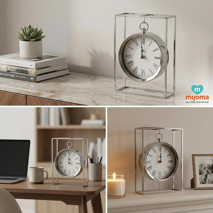 MIJOMA Tischuhr Hängemodell 25cm – Dekorative Metalluhr Silber – Römische Ziffern – Batteriebetriebe