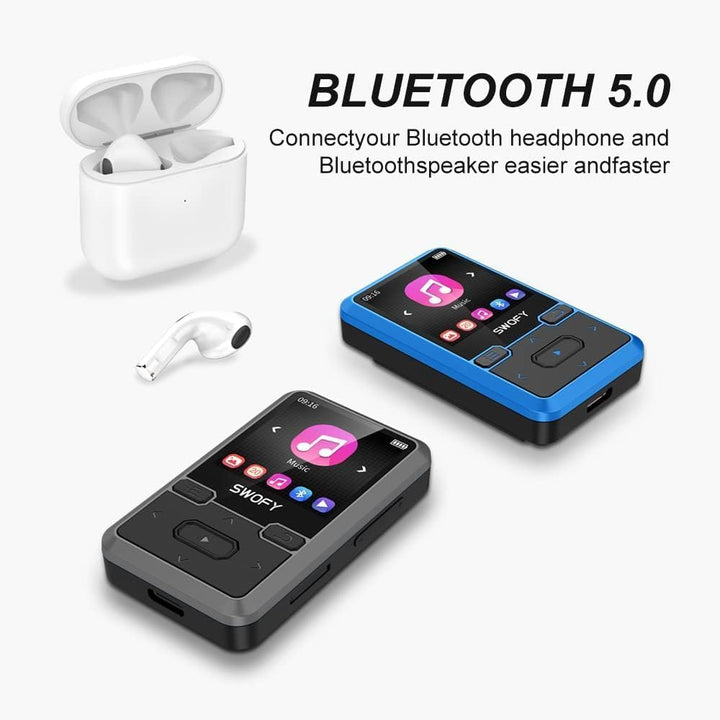 SWOFY MP3 Player Bluetooth 5.0 mit Sport Clip, 32GB Tragbarer Mini Musik Player mit Kopfhörer, FM Ra