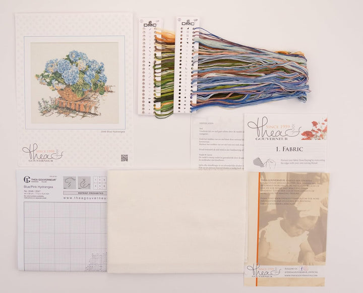 Thea Gouverneur - Kreuzstich-Set - Blaue Hortensie - Leinen - 32 Count - Für Erwachsene - 2046, Blau