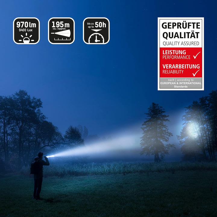ANSMANN LED Taschenlampe T500F mit 970 Lumen - Handlampe stufenlos fokussierbar, robust, dimmbar, 19