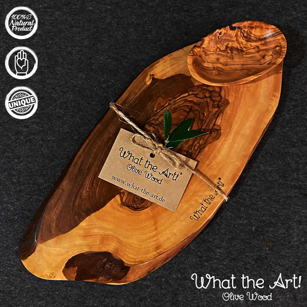 What the Art!® Olive Wood «Vesper» Gr. L | Olivenholz Schneidebrett + Dip-Schälchen | Handarbeit | c