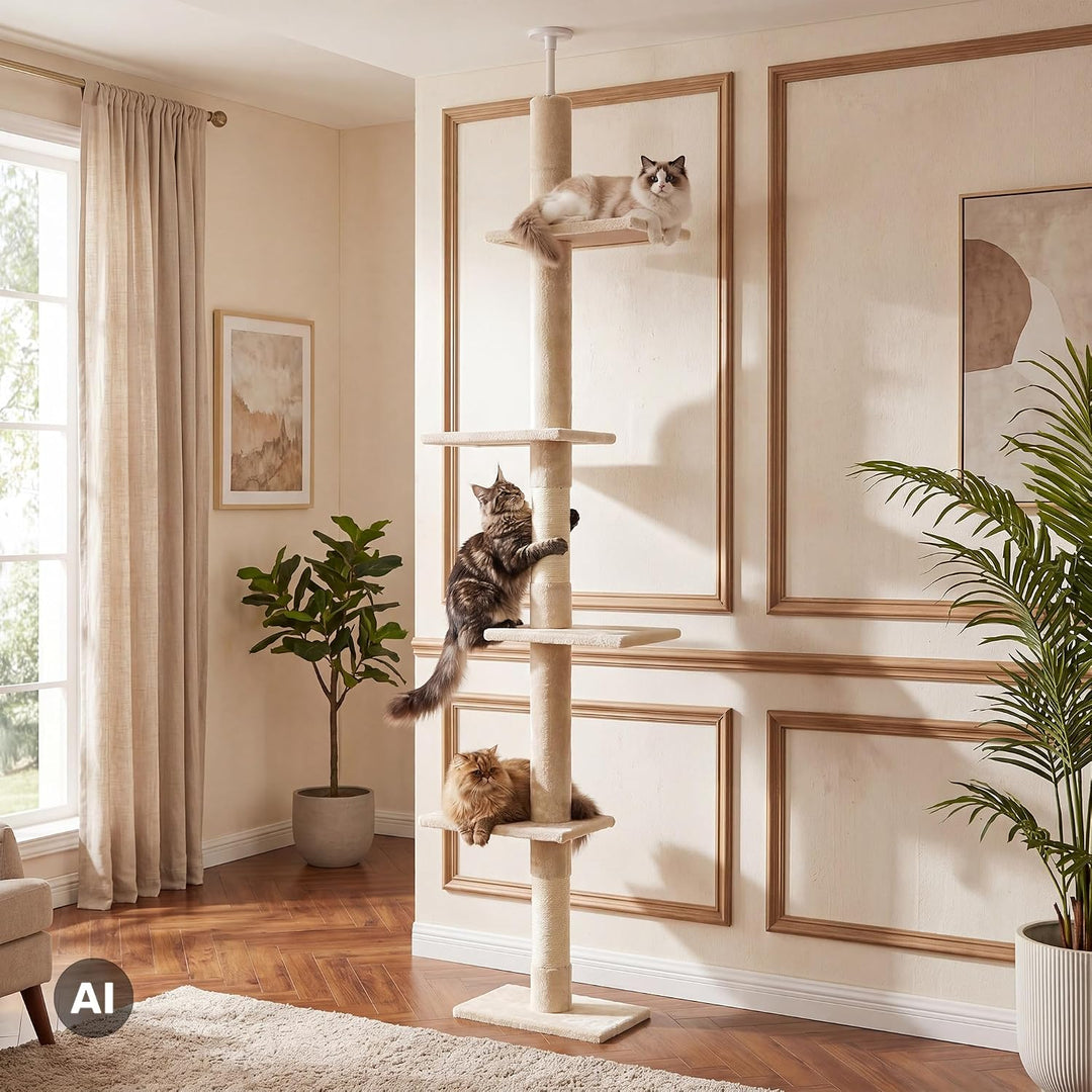 Fudajo Kratzbaum deckenhoch 230–276 cm in Beige, Katzenkratzbaum mit 4 Ebenen, Katzenbaum Deckenspan