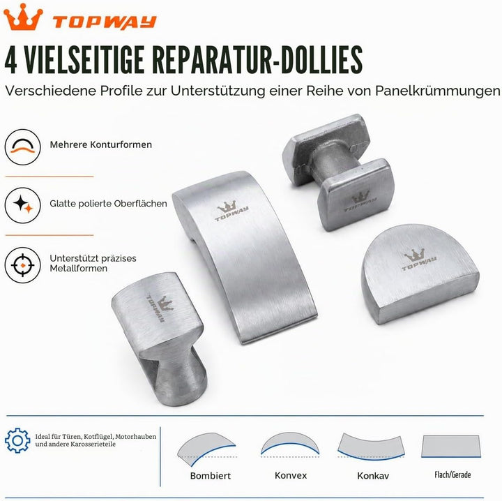 TOPWAY Karosserie-Ausbeul-Satz 7-tlg, Reparaturset für Karosserie, Hammer und Puppen-Set Professiona