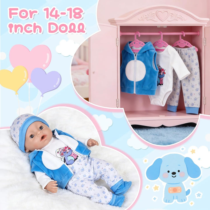 7 Stück Puppenkleidung, Blaue Kleidung Outfit für 35-43 cm Baby Puppen mit Jacke, Oberteil, Hose, Mü