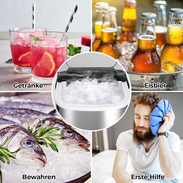 Eiswürfelmaschine, Eiswürfelbereiter Edelstahl, 9 Eiswürfel in 6 Minuten, 12kg/24h, 2 Eiswürfel-Grös