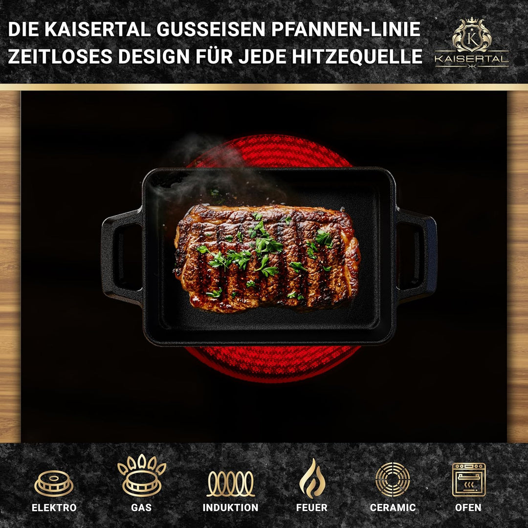 KAISERTAL Servierpfanne Gusseisen 16x11cm – Pfanne mit 2 Griffen & Holzuntersetzer – Servierpfanne K
