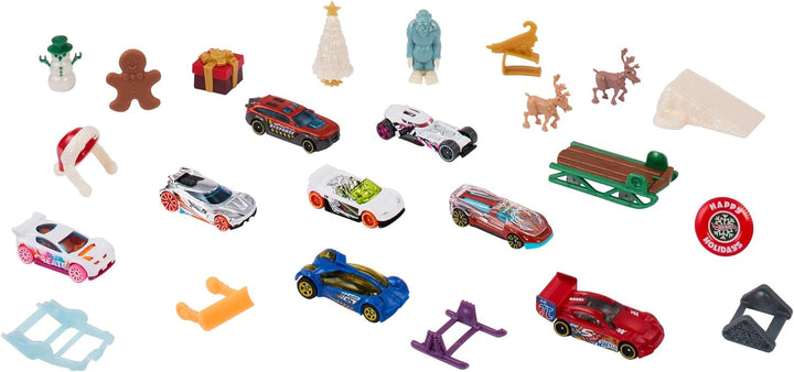 HOT WHEELS Adventskalender 2023 - 8 Hot Wheels Autos und 16 winterliche Zubehörteile hinter 24 numme