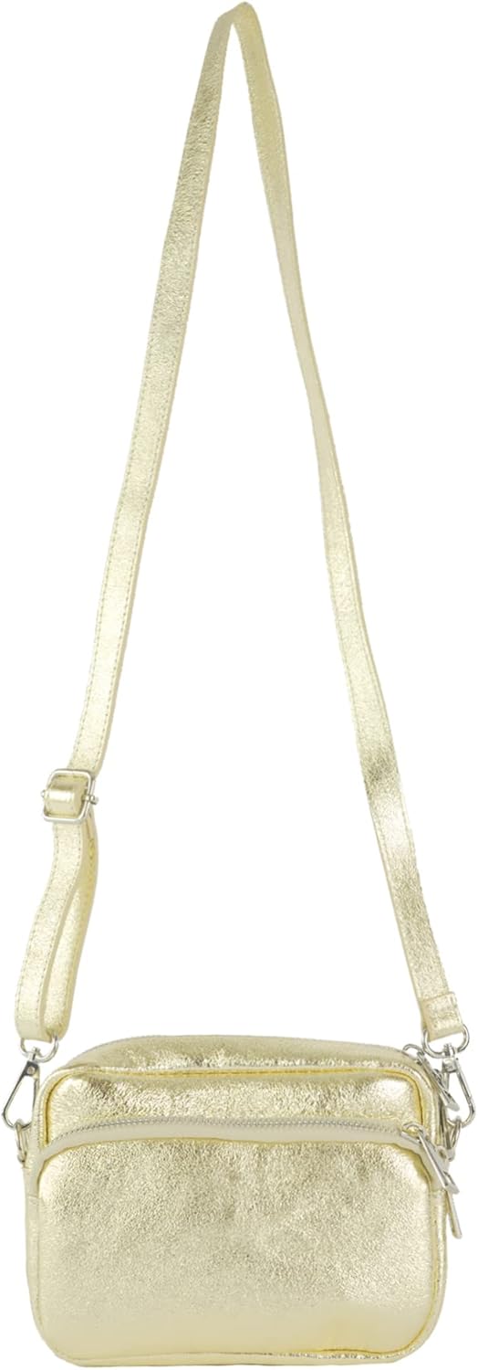 modamoda de - T231 - ital. Umhängetasche Klein Small aus Leder Lightgold Metallic, Lightgold Metalli