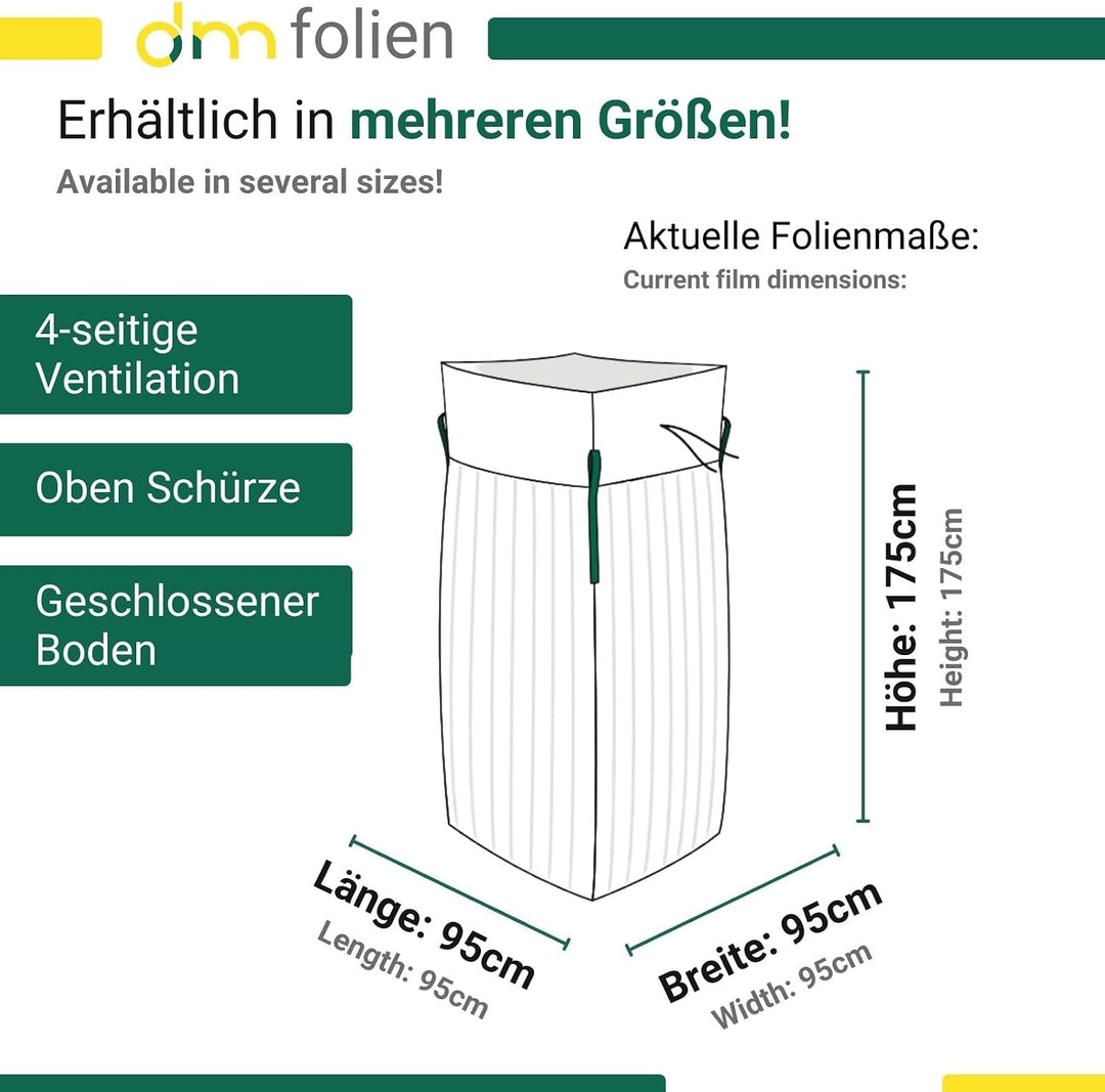 dm-Folien Holz Big Bag 95x95x175cm I 5 Stück I SWL 1.250 kg I Robuster Big Bag Holz mit 4 Ventilatio