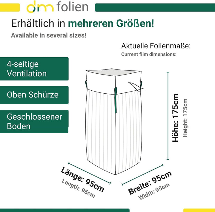 dm-Folien Holz Big Bag 95x95x175cm I 5 Stück I SWL 1.250 kg I Robuster Big Bag Holz mit 4 Ventilatio