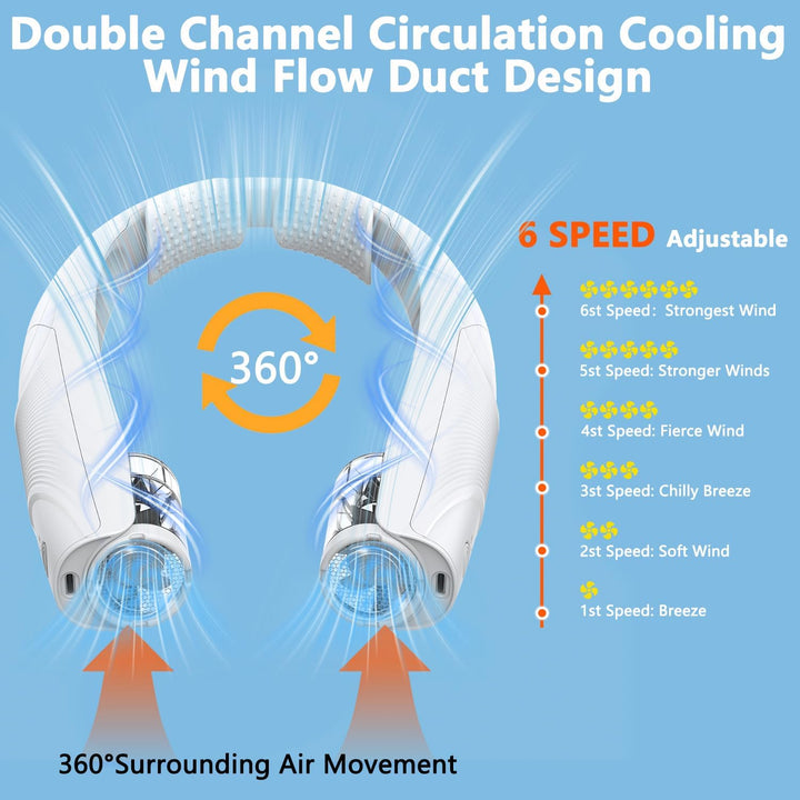 Nackenventilator, 6 Geschwindigkeiten Tragbarer Hals Ventilator, 6000 mAh (6-20 Std. ) Ventilator US