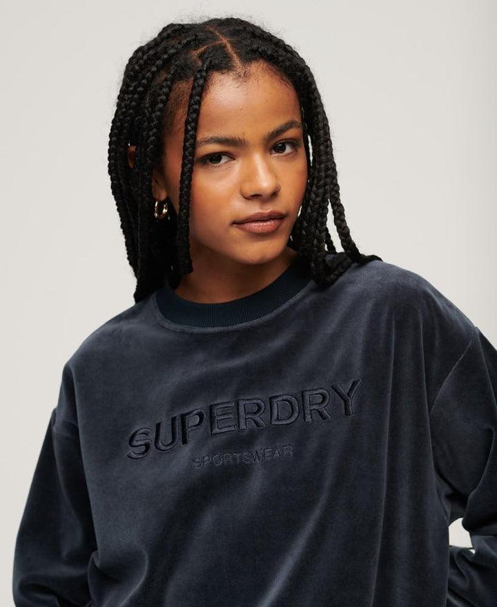 Superdry Damen Velour Graphic Boxy Crew Sweat Sweatshirt, Finster Marineblau