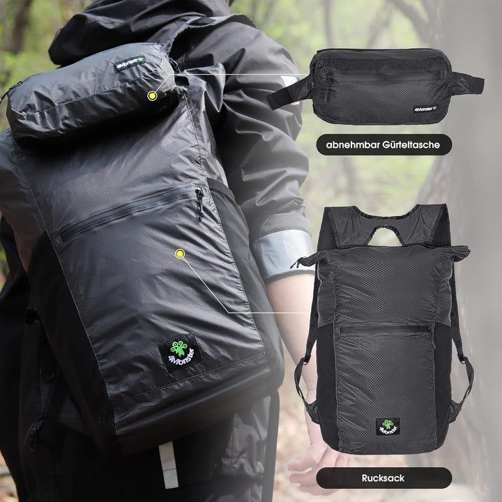 4Monster Faltbarer Rucksack Ultra Leicht, Unisex Tagesrucksack Outdoor, 2in1 Gürteltasche, Wasserdic