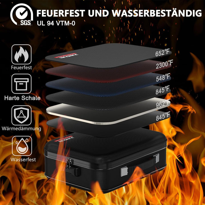 JUNDUN Feuerfeste Dokumentenbox mit Schloss, Hartschalenkoffer Document Organizer mit 13 Fächern, Fe