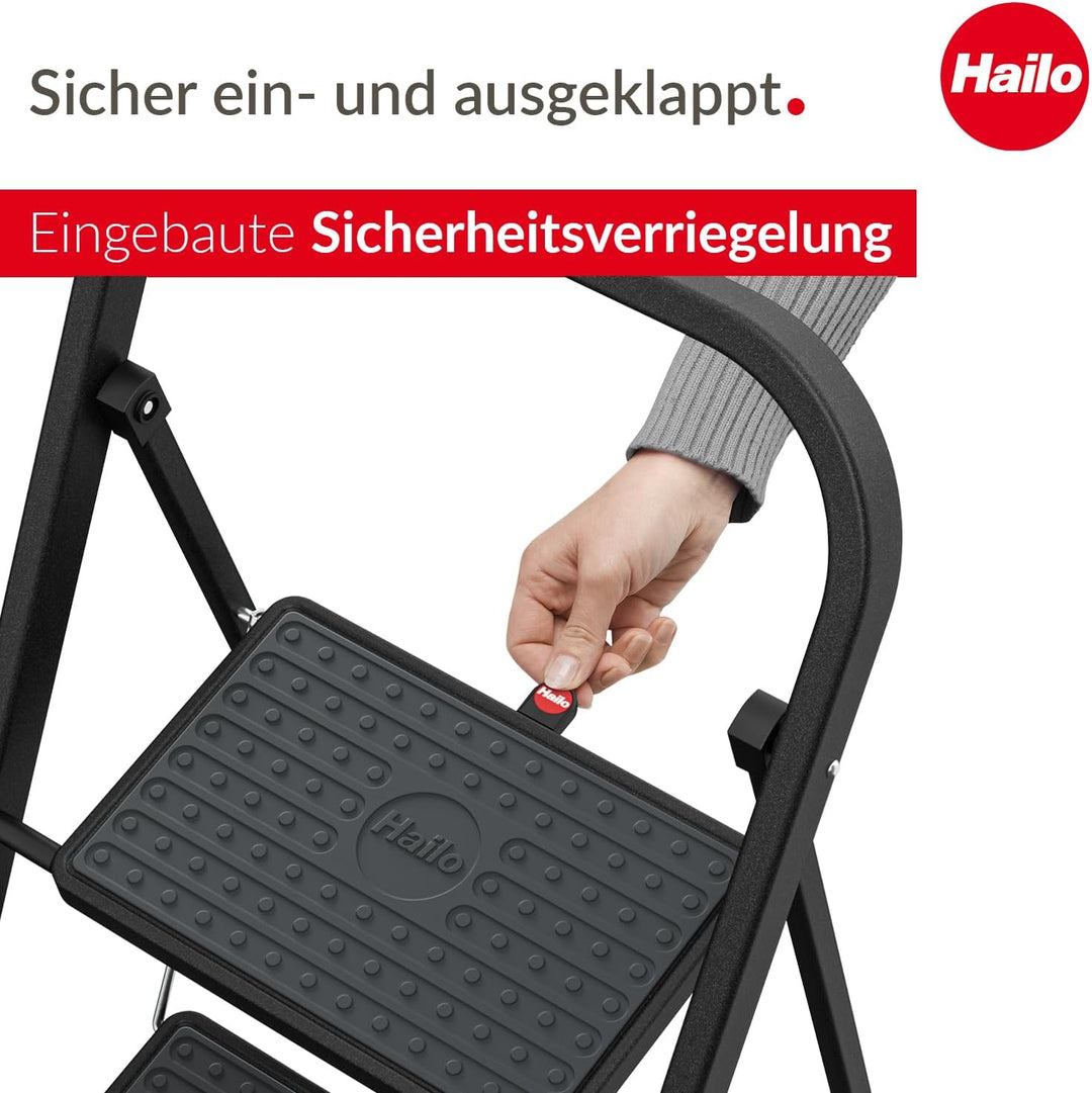 Hailo K44 StandardLine Klapptritt - 2-stufige Trittleiter aus Stahl mit grossen Stufen und Anti-Ruts
