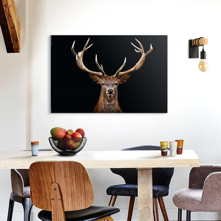 REINDERS Wandbild Hirsch Porträt - Natur - Geweih - Deco Panel Holz 90 x 60 cm Schwarz Home Office T