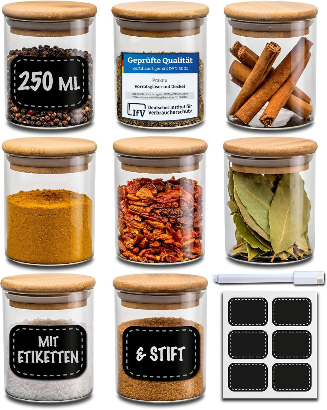 Praknu Gewürzbehälter 8er Set 250ml mit Etiketten und Stift zum Beschriften - Luftdicht - Spülmaschi
