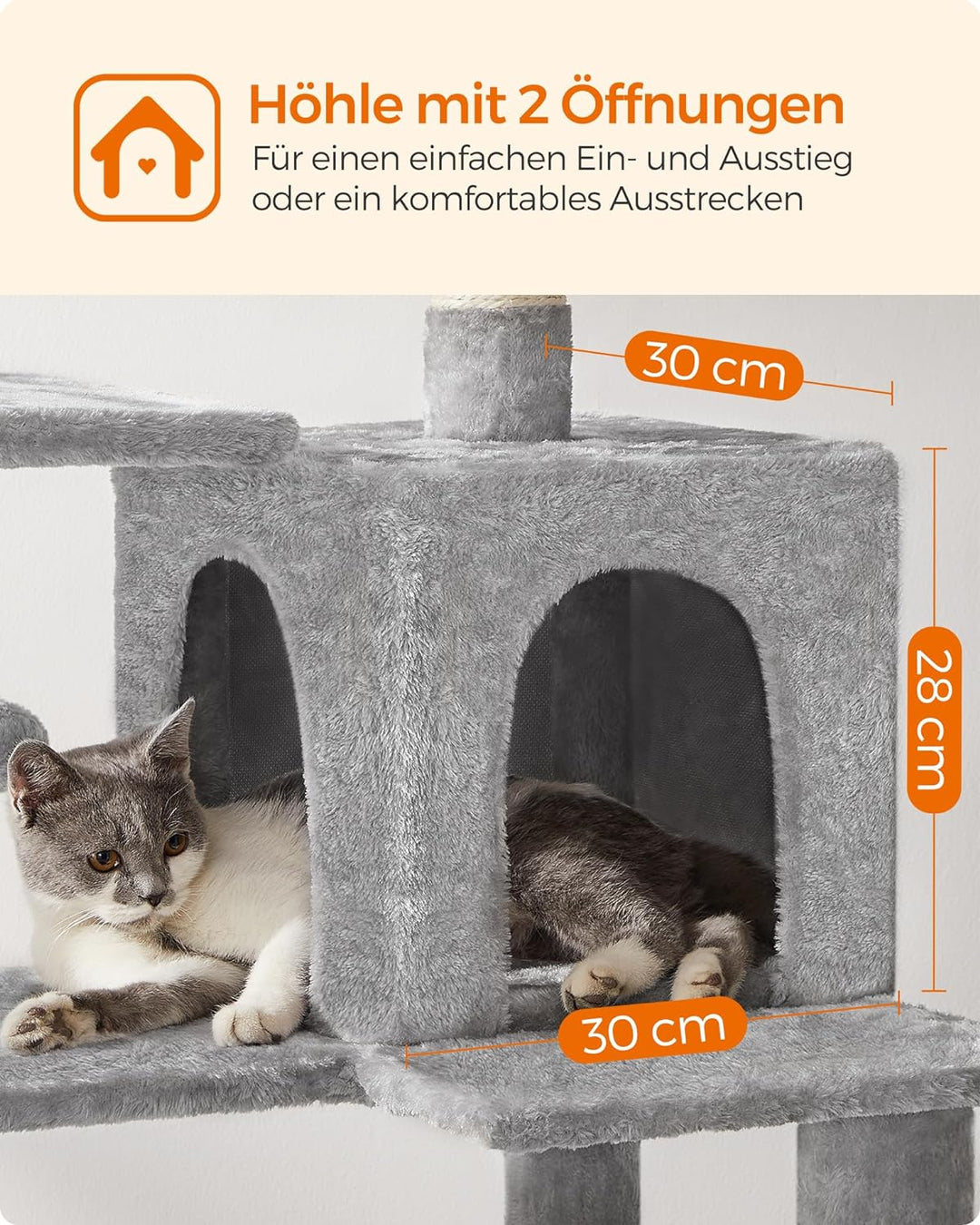 Feandrea Kratzbaum, 143 cm hoch, Katzenbaum, mehrstöckige Katzenhaus, mit 4 Kratzsäulen, 2 Plattform