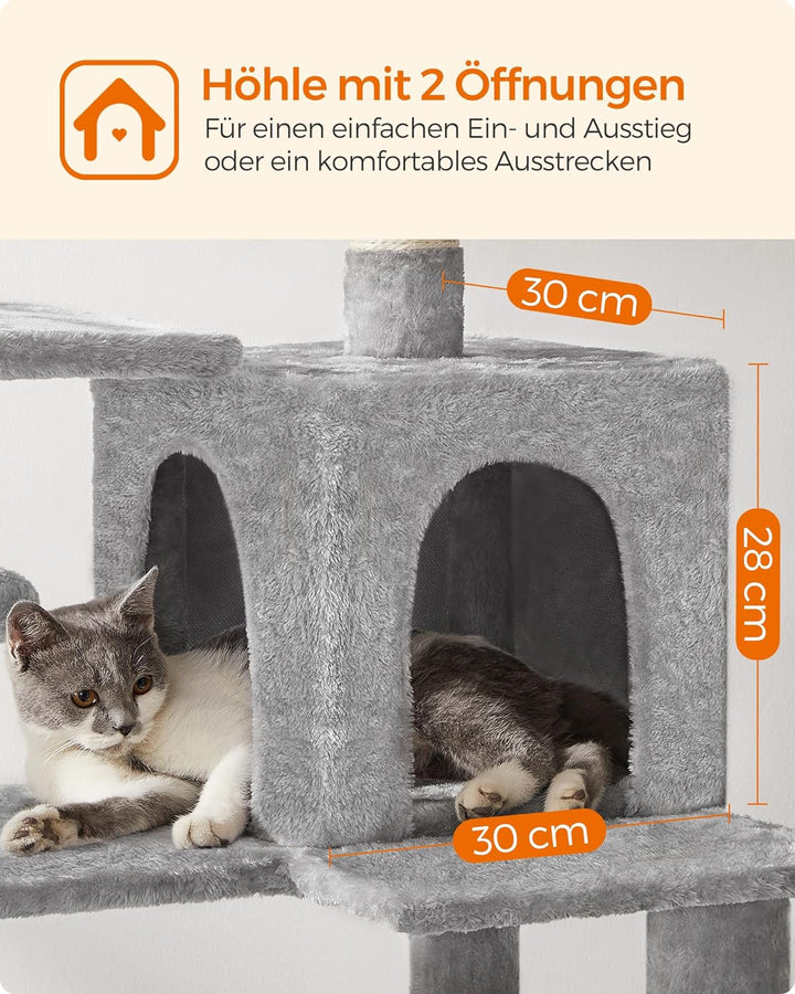 Feandrea Kratzbaum, 143 cm hoch, Katzenbaum, mehrstöckige Katzenhaus, mit 4 Kratzsäulen, 2 Plattform