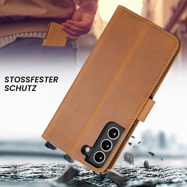 LENSUN Echtleder Hülle für Samsung Galaxy S22 Plus, Handyhülle [Echtes Leder][Magnetverschluss][RFID