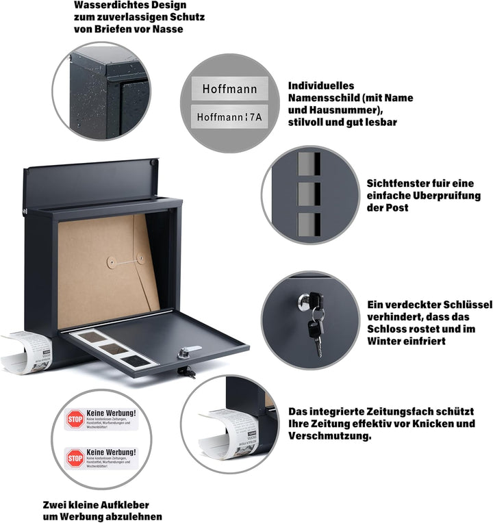 XL personalisiert Briefkasten mit Edelstahl Namensschild Anthracite Wandbriefkasten Postkasten Brief