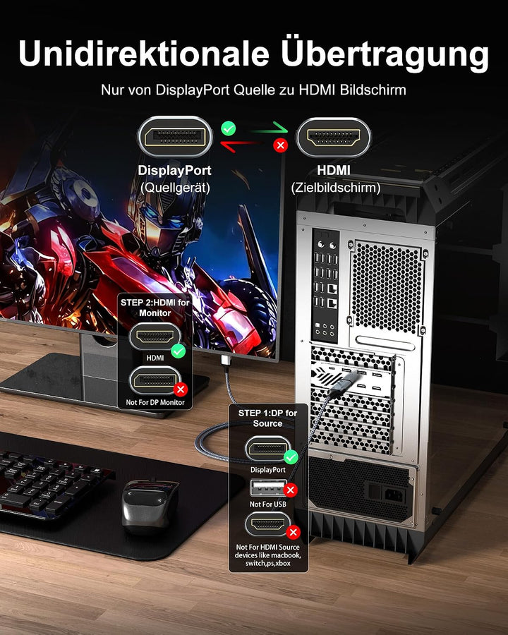 8K DisplayPort auf HDMI Kabel 3M, Unidirektionaler DP Quelle zu HDMI Display, 8K@60Hz, 4K@240Hz, Dis