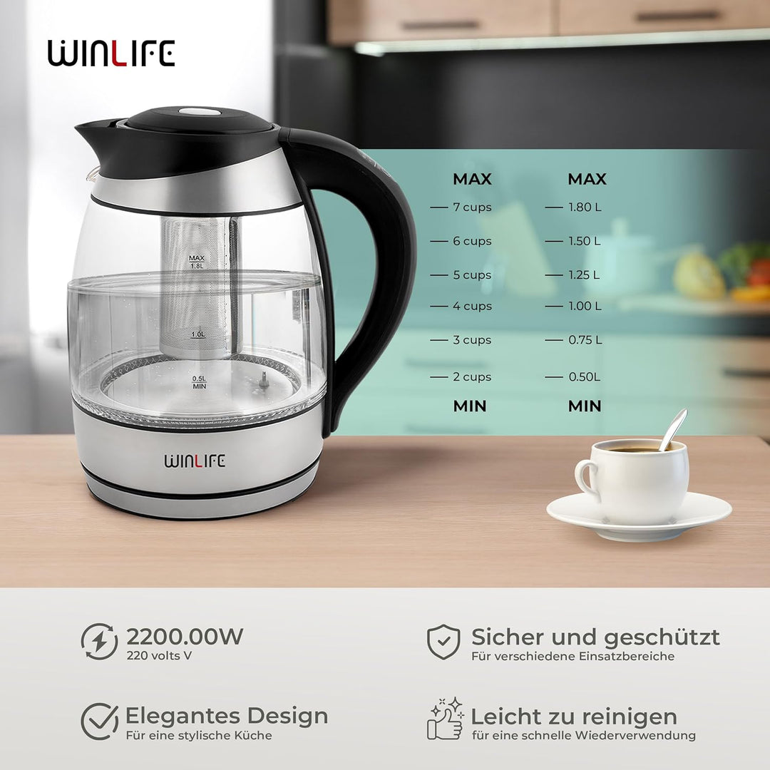 Wasserkocher Glaswasserkocher 1,8L | Edelstahl mit LED-Temperaturanzeigebeleuchtung für 60, 70, 80,