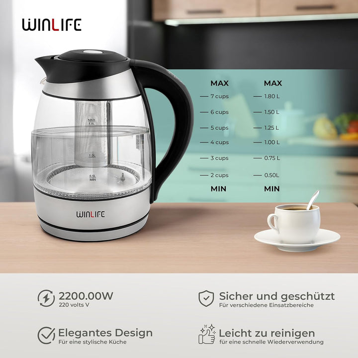 Wasserkocher 1,8L mit Temperatureinstellung 60°C bis 100°C | aus hochwertigem Borosilikatglas | BPA-
