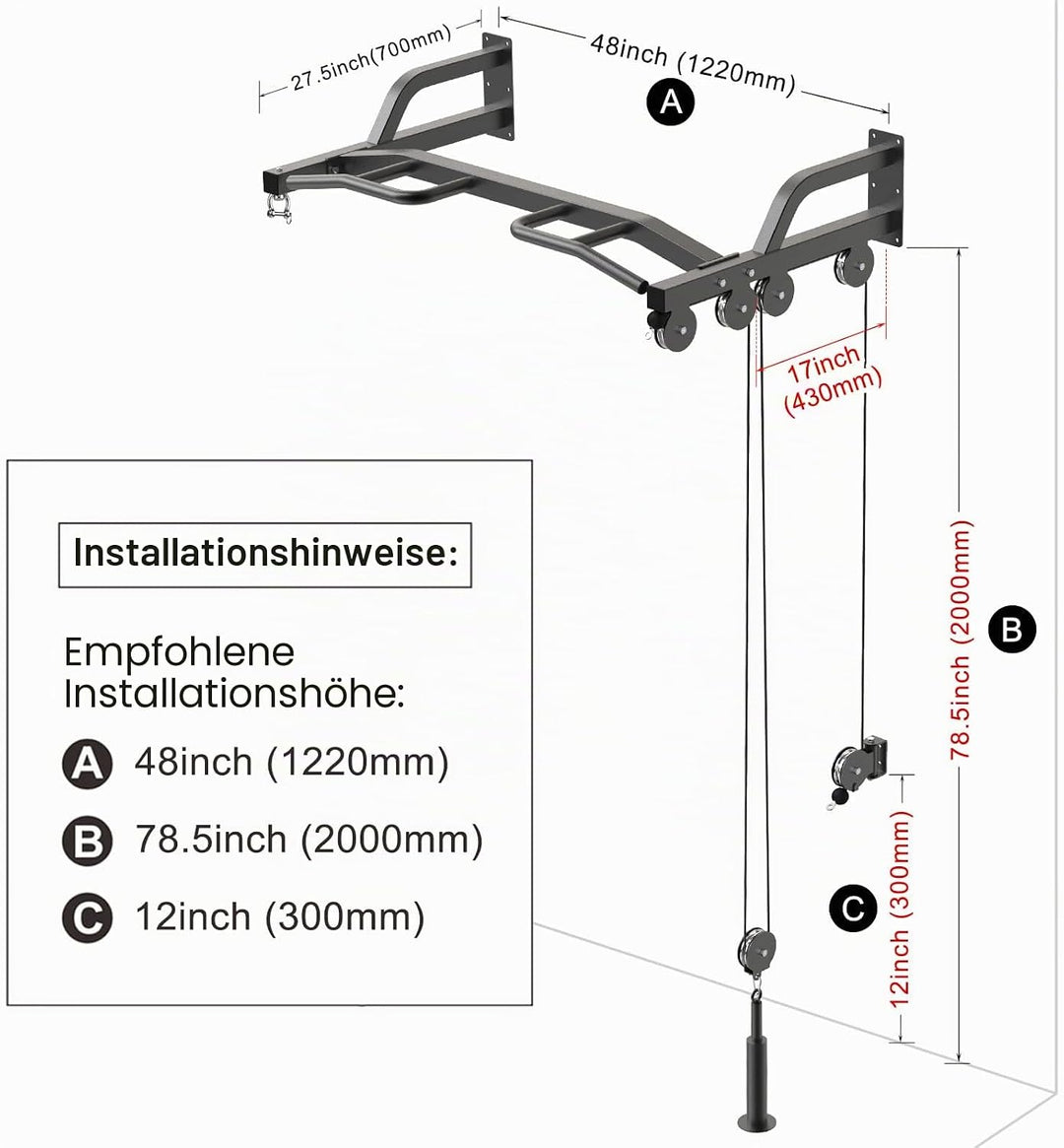 Kipika 121.9 cm Wandmontiertes Multifunktions-Kabelzugsystem Gym, 121,9 cm Wandmontierte Klimmzugsta