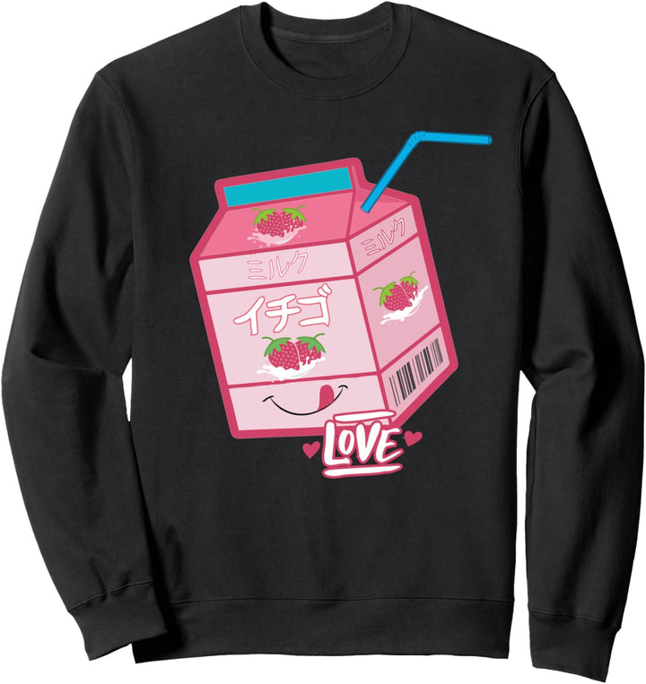 Love 90s Japanese Otaku Strawberry Milk Shake Box Kawaii Fun Sweatshirt