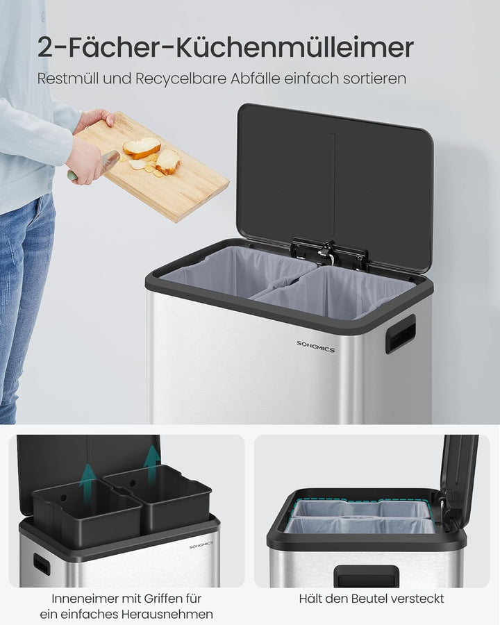 SONGMICS Mülleimer Küche, Mülltrennsystem 2 x 30 L, 2 Fächer für Recycling und Restmüll, Abfalleimer
