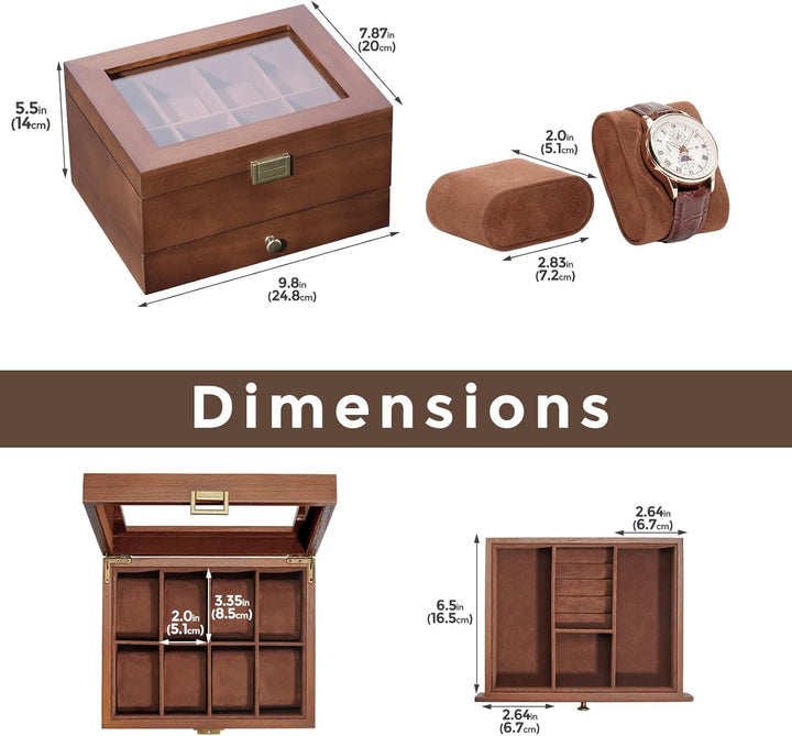 ProCase Uhrenbox mit 8 Fächern, Uhrenkasten Uhrenkoffer mit Glasdeckel Uhrenkissen, Uhrenschatulle f