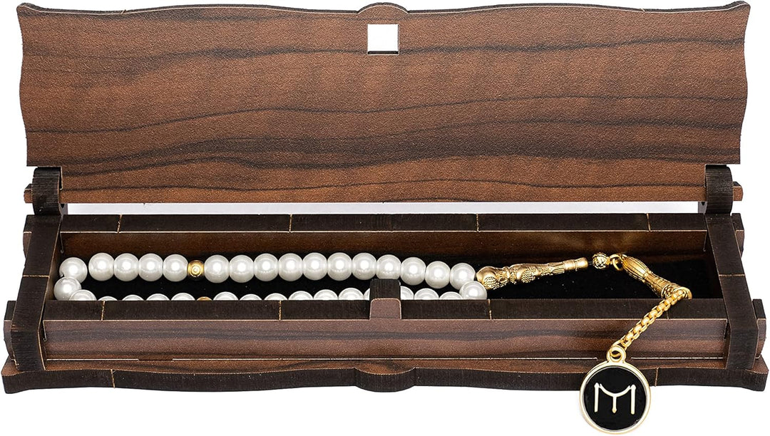 Gök-Türk Elegante Gebetskette/Tesbih mit Schatulle/Tesbih Box - mit goldfarbenem Anhänger 'IYI' Kayi