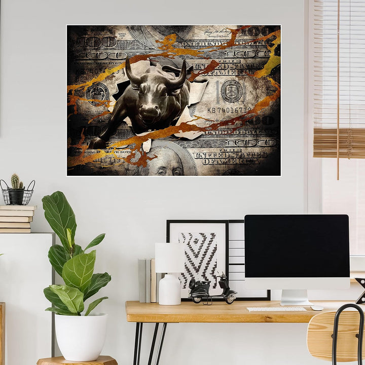 wandmotiv24 Poster als Wanddeko, Grösse Din A1, Stier stürmt durch Geldschein, Dollar, Geld, Tier, M