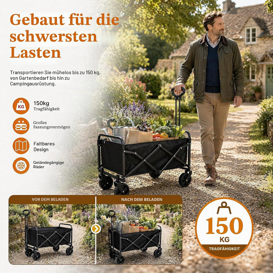 Klappbarer Bollerwagen 100L, Faltbarer Transportwagen bis 150kg/330lbs, Strandwagen mit Verstellbare