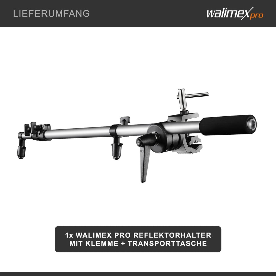 Walimex pro Reflektorhalter mit Klemme 44-150 cm (inkl. Transporttasche), Halter mit Klemme