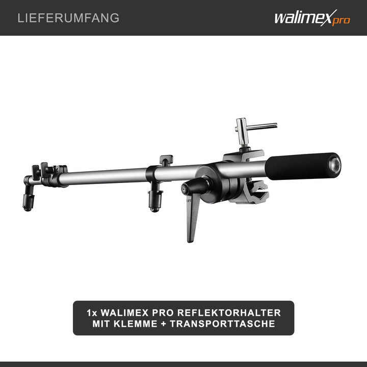 Walimex pro Reflektorhalter mit Klemme 44-150 cm (inkl. Transporttasche), Halter mit Klemme