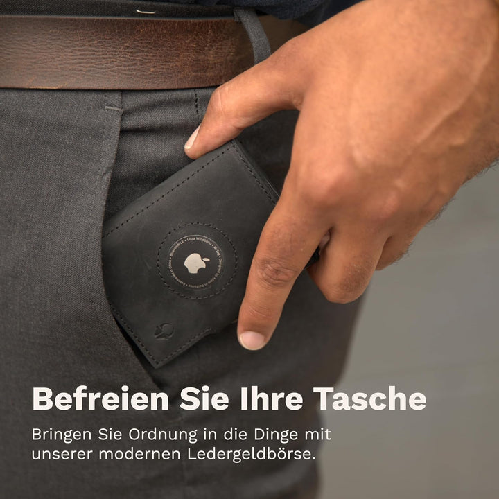 DONBOLSO Wallet mit Airtag - Mini Portemonnaie Vintage-Schwarz mit Münzfach für 15 Karten, RFID-Schu