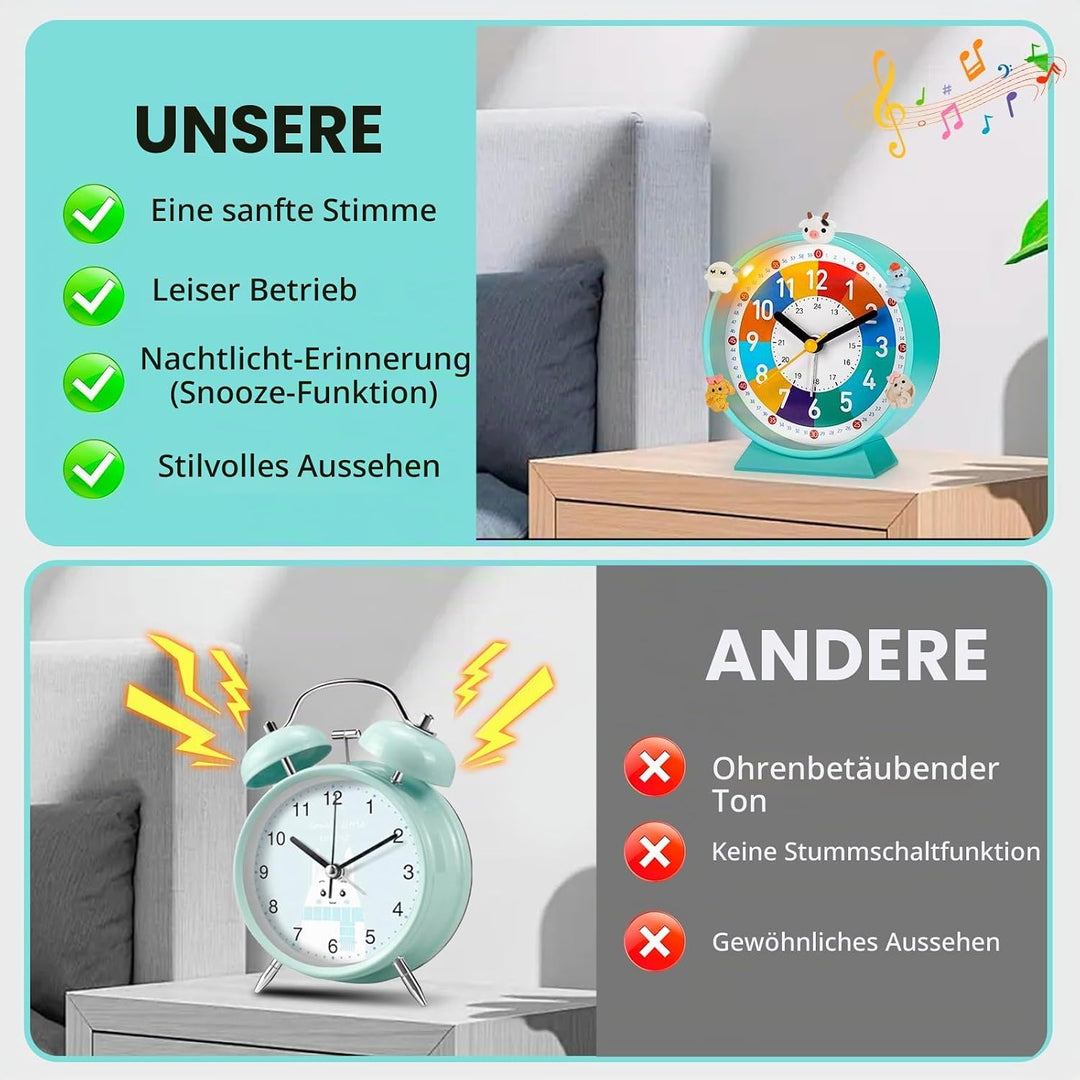 Kinder Wecker, Kinderwecker für Schulanfänge, Kein Tickendes Geräusch, Mit Nachtlicht und Schlummerf