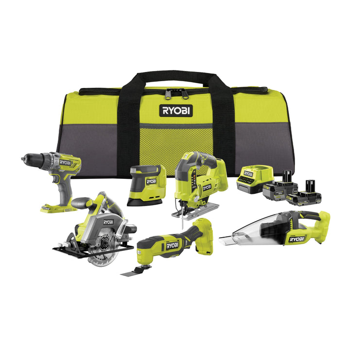 RYOBI 18 V ONE+ 10-tlg. Akku-Combo-Kit RCK186O-242SZL, Schlagbohrschrauber, Stichsäge, Handkreissäge