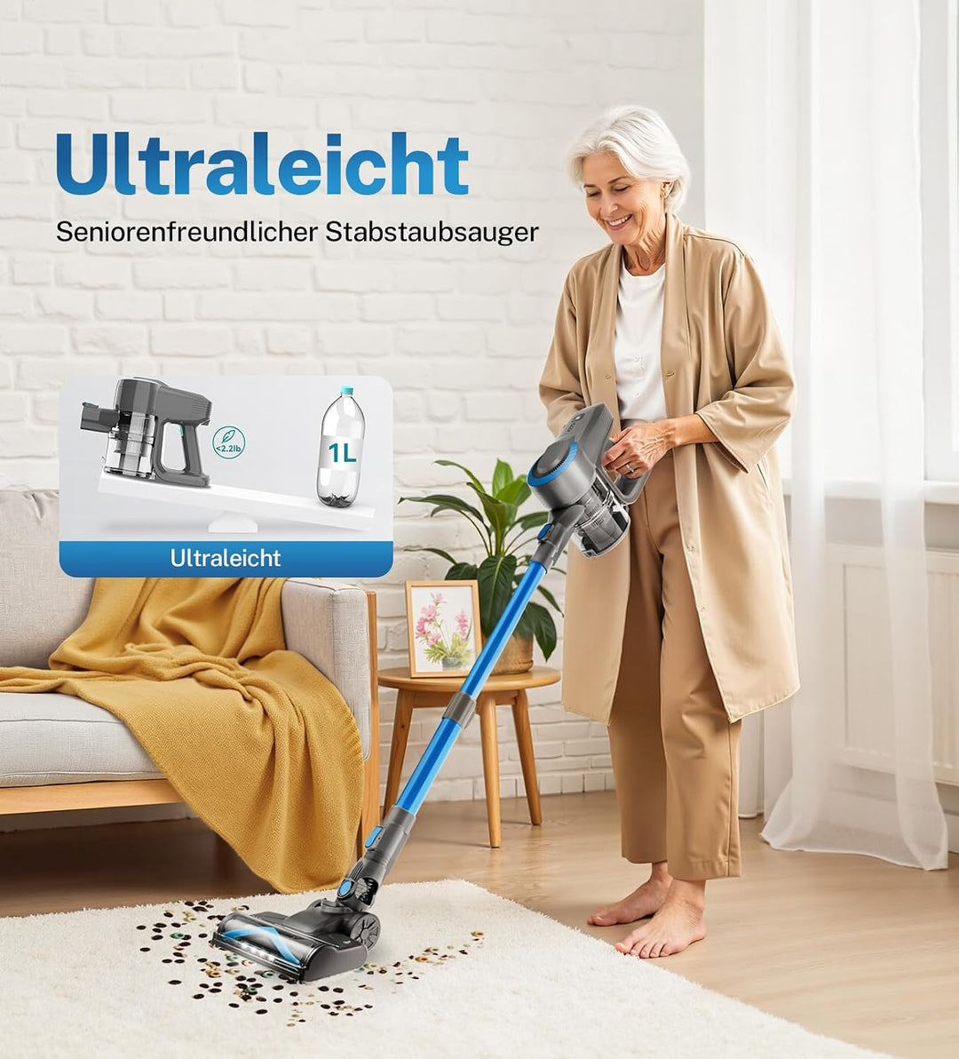 Akku Staubsauger, 30000Pa/55Min Staubsauger Kabellos, Anti-Tangle-Bürste und Selbststehend, Ultralei