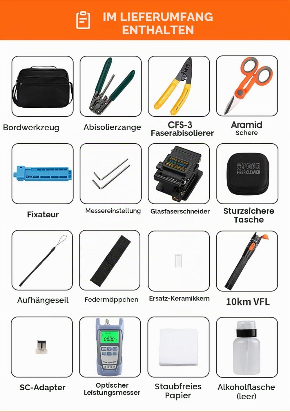 Osairous 16 Stück/Set FTTH Faser-Werkzeug mit Photometer, Glasfaser, AUA-60S, Visueller Fehlersucher
