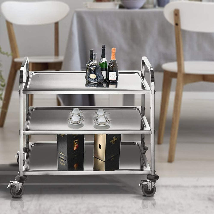 BPT Edelstahl Servierwagen mit 3 Böden Partition Küchenwagen，Restaurant Hotel Schul Servierwagen (75