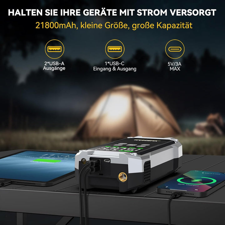 YUSMAN Starthilfe Powerbank mit Kompressor | 8000A Auto Starthilfe für alle Benzinmotoren & 7L Diese