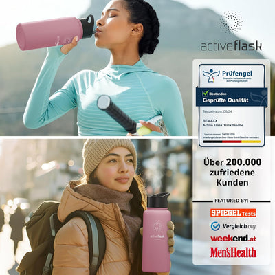 Trinkflasche Edelstahl ACTIVE FLASK + Strohhalm (3 Deckel) BPA-frei, Auslaufsicher, Kohlensäure geei