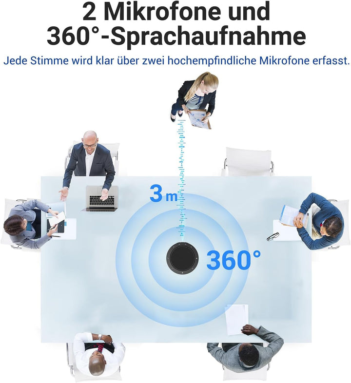 Konferenzlautsprecher mit 2 geräuschunterdrückend Mikrofon, 360°-Spracherfassung, klarer Klang, 10–1