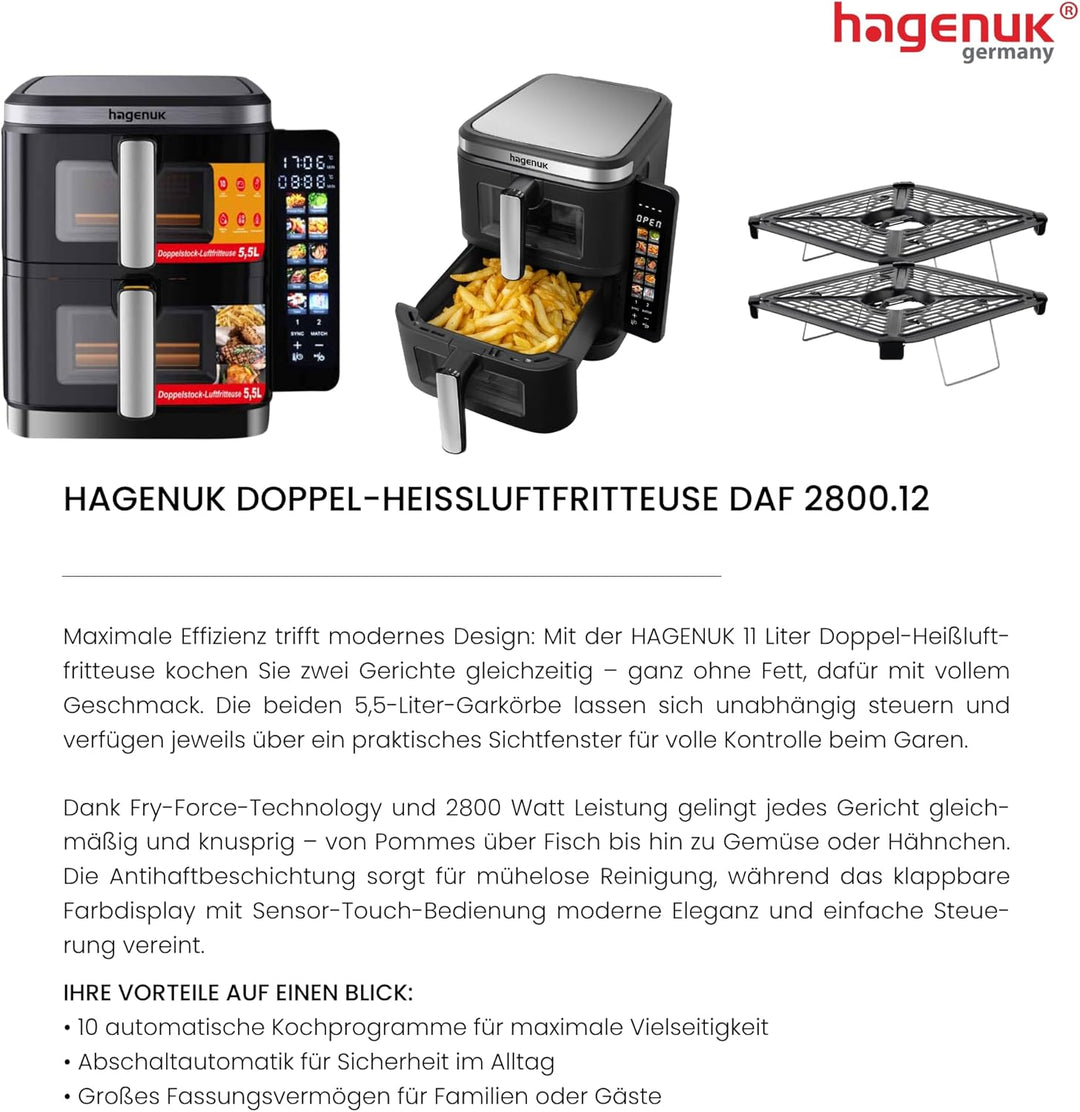 Premium Doppel-Heissluftfritteuse 2×5,5L mit Sichtfenster, 10 Programmen, Grill-Einsatz, Touchdispla