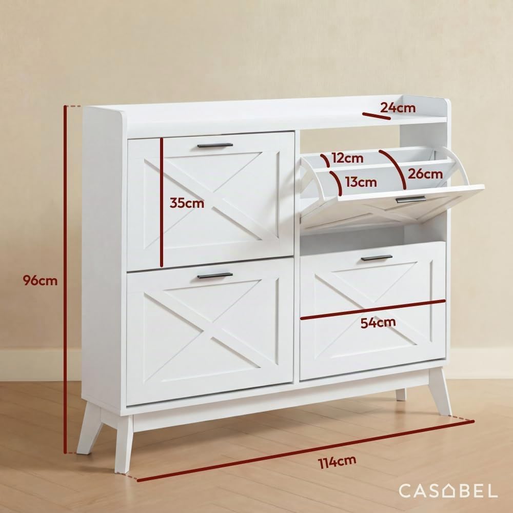 CASABEL Schuhschrank mit 4 Klappen, Fronten mit Kreuzmuster, Weiss, Funktionales Design, Grosse Kapa
