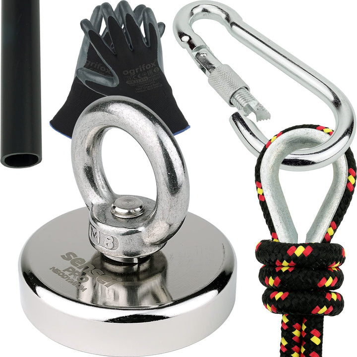 SENSEI Set 110 kg, N52 Neodym-Magnet mit Öse, Ø5 x H1,5 cm, Segelseil 25 m, Schutzhandschuhe + Zubeh